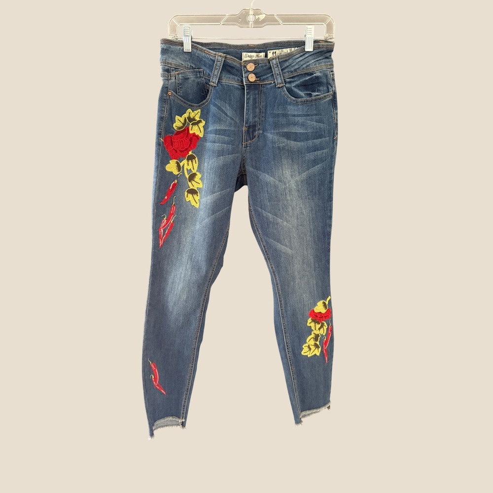 Indigo Rein Womens 11 Embroidered Ankle Skinny Jeans Floral Chili Pepper Blue
